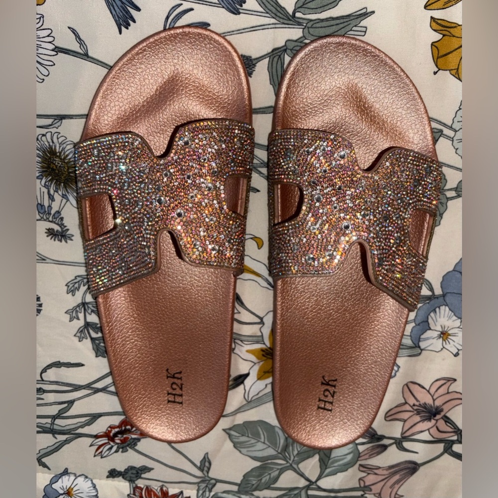 Women's BLING Rhinestone Slide Sandals - Rose Gold